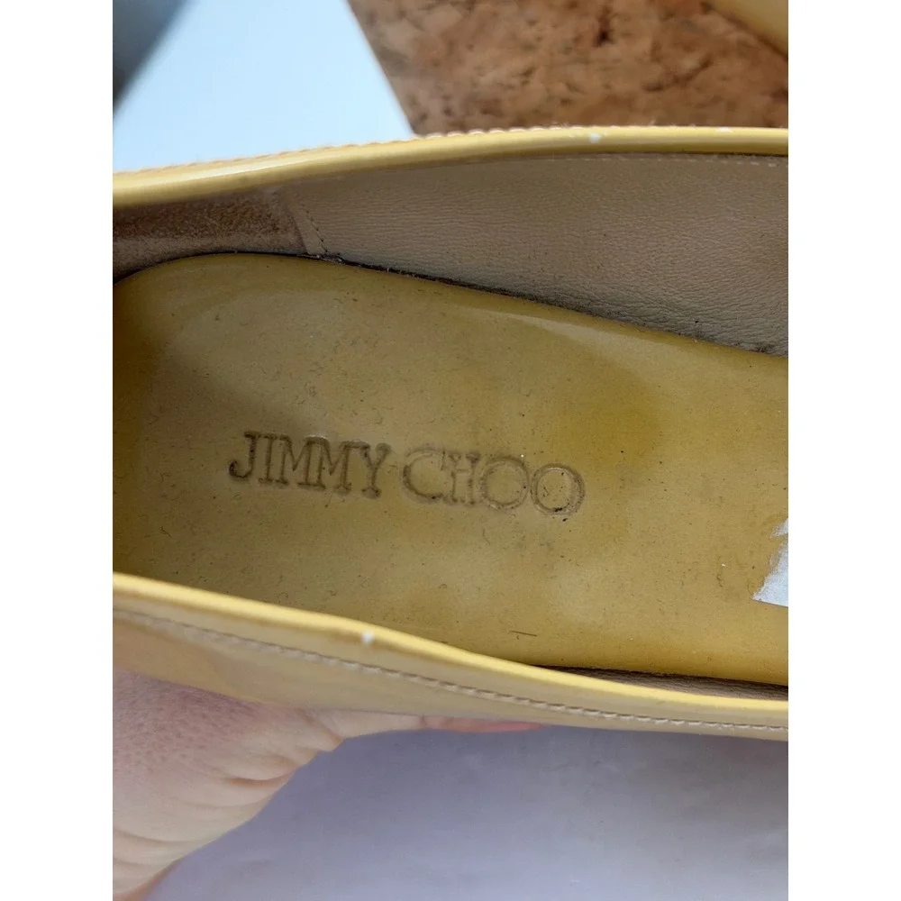 Jimmy Choo Mustard Patent Leather Cork Platform Wedge‎ Peep Toe Pumps Italy